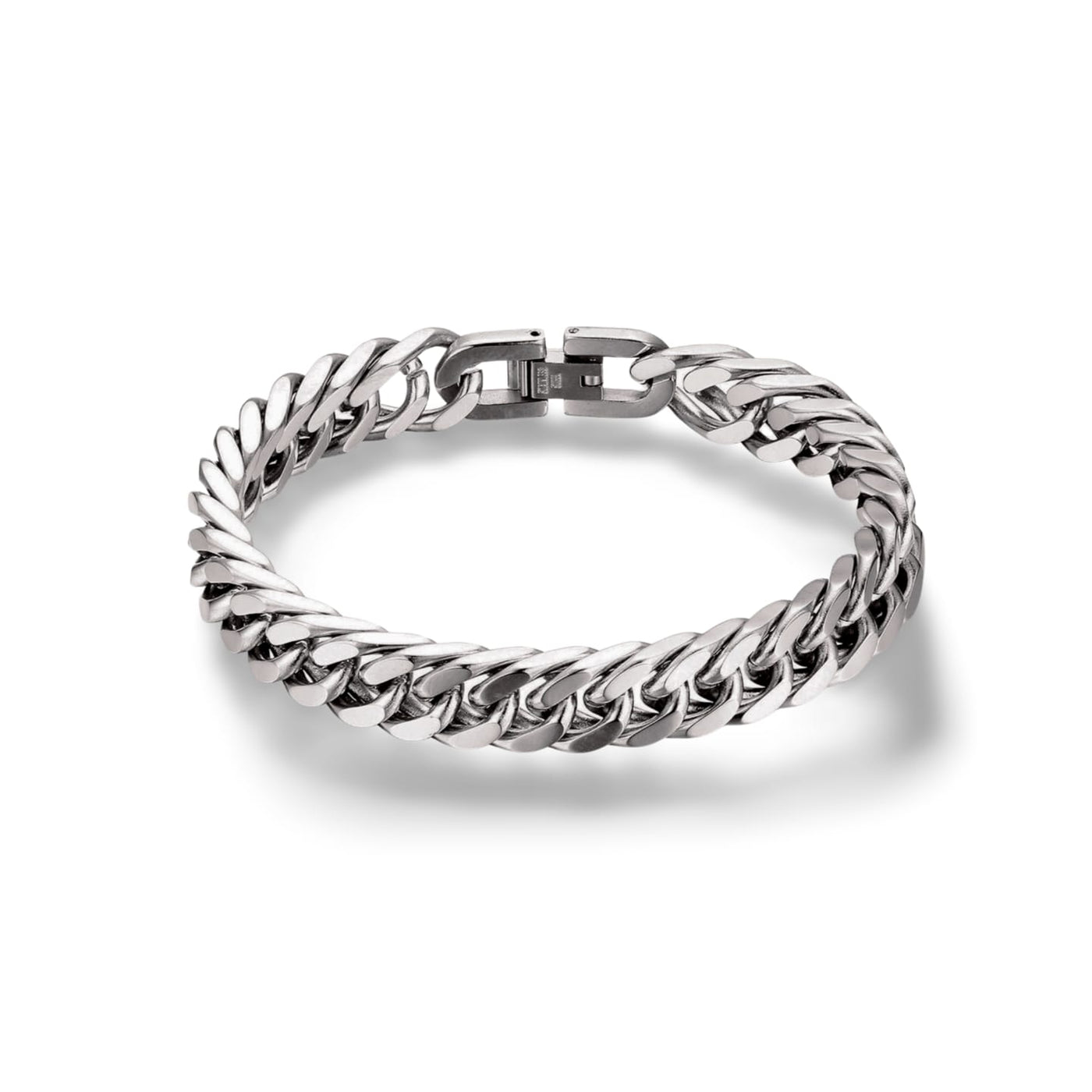 The Cuban Steel Bracelet features a polished silver finish and a secure clasp, elegantly arranged in a circle on a white background with a soft shadow underneath.