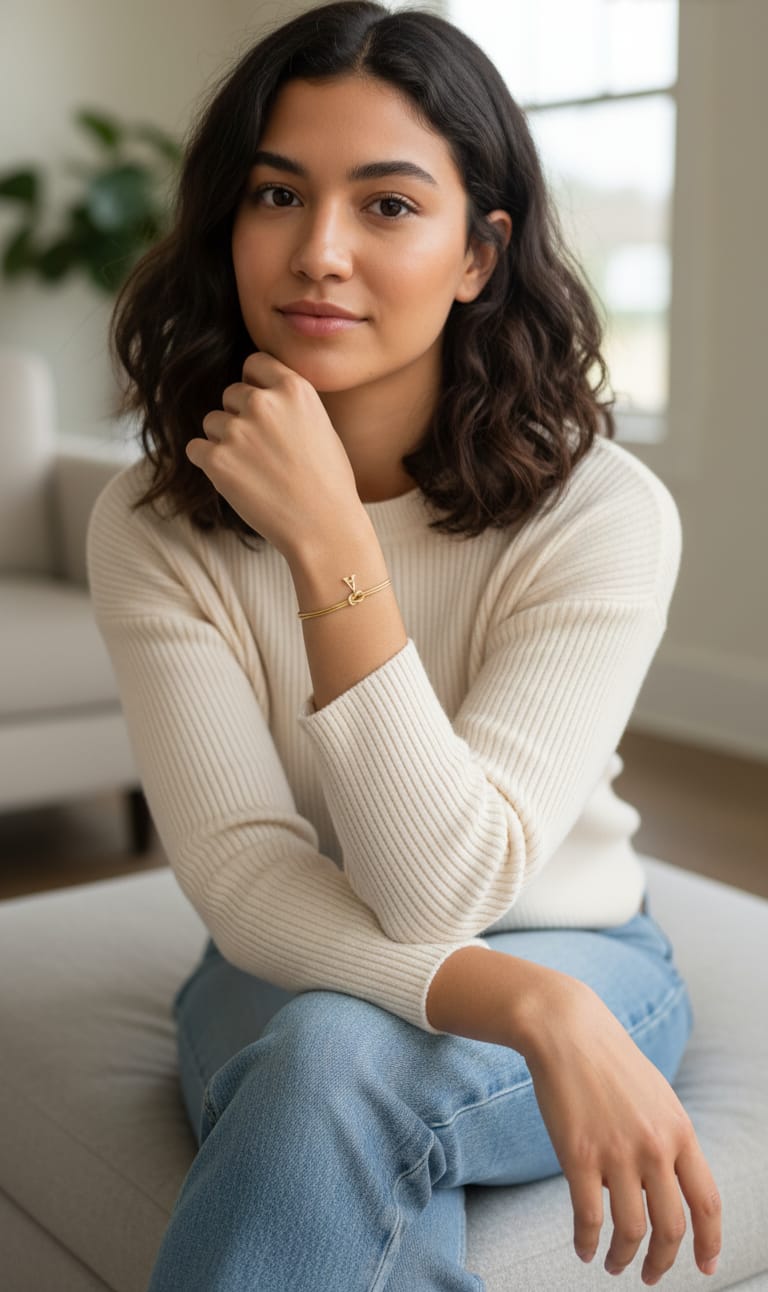 A young woman with wavy dark hair sits indoors on a light-colored couch, wearing a cream sweater, light blue jeans, and the Bracelet with love knot and letters. She rests her chin on her hand and gazes calmly at the camera.